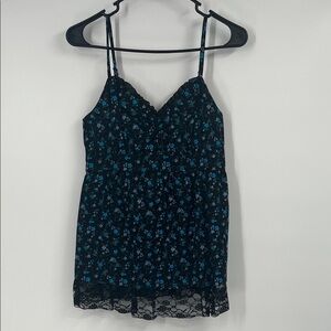 Decree Y2K Black and Blue Floral Babydoll Top Size Medium